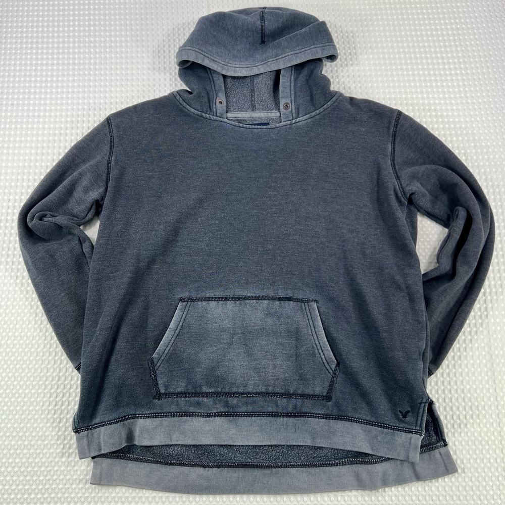 American Eagle Men's Blue Hoodie Sweatshirt L Fleece Lined Kangaroo Pocket